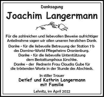 Traueranzeige von Joachim Langermann von Märkische Oderzeitung