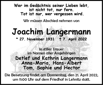 Traueranzeige von Joachim Langermann von Märkische Oderzeitung