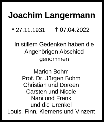 Traueranzeige von Joachim Langermann von Märkische Oderzeitung