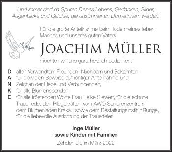 Traueranzeige von Joachim Müller von Märkische Oderzeitung