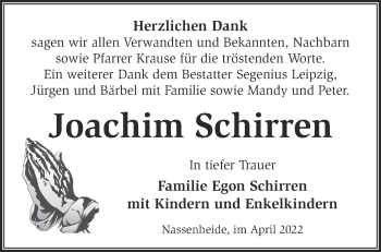 Traueranzeige von Joachim Schirren von Märkische Oderzeitung