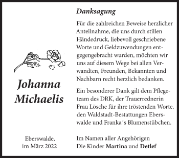 Traueranzeige von Johanna Michaelis von Märkische Oderzeitung