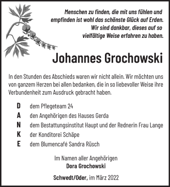 Traueranzeige von Johannes Grochowski von Märkische Oderzeitung