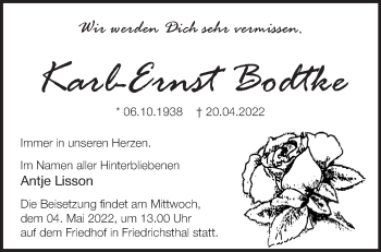 Traueranzeige von Karl-Ernst Bodtke von Märkische Oderzeitung