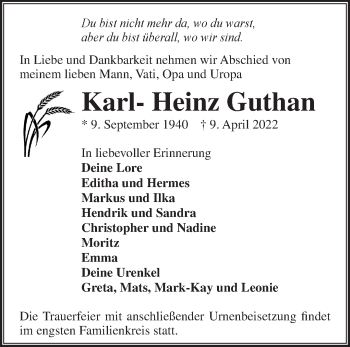 Traueranzeige von Karl-Heinz Guthan von Märkische Oderzeitung