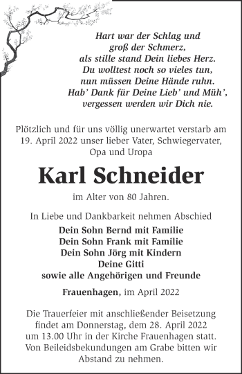 Traueranzeige von Karl Schneider von Märkische Oderzeitung