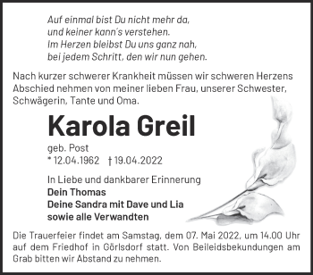 Traueranzeige von Karola Greil von Märkische Oderzeitung