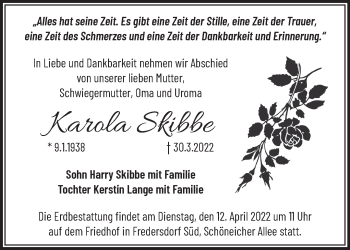 Traueranzeige von Karola Skibbe von Märkische Oderzeitung