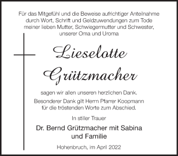 Traueranzeige von Lieselotte Grützmacher von Märkische Oderzeitung