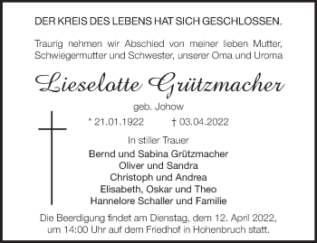 Traueranzeige von Lieselotte Grützmacher von Märkische Oderzeitung