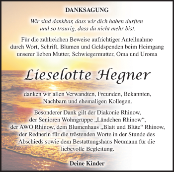 Traueranzeige von Lieselotte Hegner von Märkische Oderzeitung