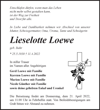 Traueranzeige von Lieselotte Loewe von Märkische Oderzeitung