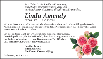 Traueranzeige von Linda Amendy von Märkische Oderzeitung