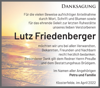 Traueranzeige von Lutz Friedenberger von Märkische Oderzeitung