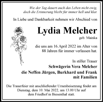 Traueranzeige von Lydia Melcher von Märkische Oderzeitung