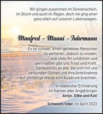 Traueranzeige von Manfred Fuhrmann von Märkische Oderzeitung