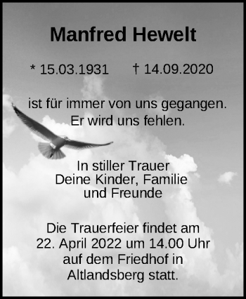 Traueranzeige von Manfred Hewelt von Märkische Oderzeitung