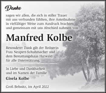 Traueranzeige von Manfred Kolbe von Märkische Oderzeitung