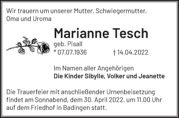 Traueranzeige von Marianne Tesch von Märkische Oderzeitung