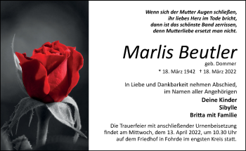 Traueranzeige von Marlis Beutler von Märkische Oderzeitung