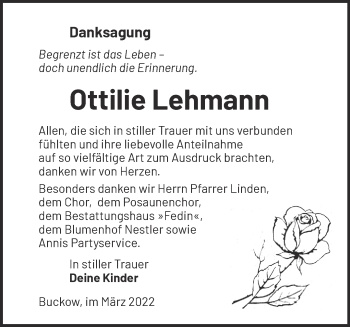 Traueranzeige von Ottilie Lehmann von Märkische Oderzeitung