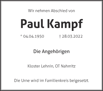 Traueranzeige von Paul Kampf von Märkische Oderzeitung