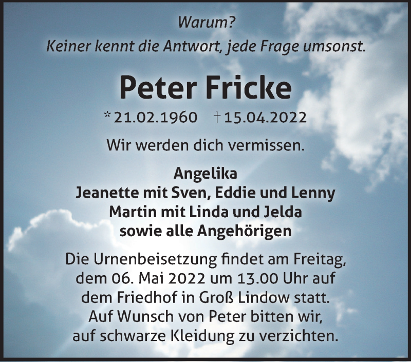  Traueranzeige für Peter Fricke vom 30.04.2022 aus Märkische Oderzeitung