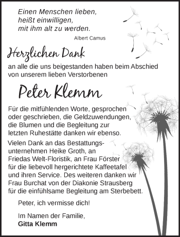 Traueranzeige von Peter Klemm von Märkische Oderzeitung