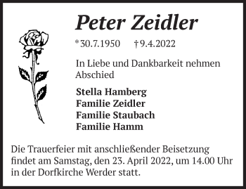 Traueranzeige von Peter Zeidler von Märkische Oderzeitung