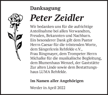 Traueranzeige von Peter Zeidler von Märkische Oderzeitung