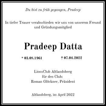 Traueranzeige von Pradeep Datta von Märkische Oderzeitung