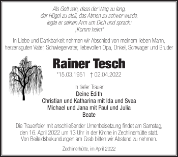 Traueranzeige von Rainer Tesch von Märkische Oderzeitung