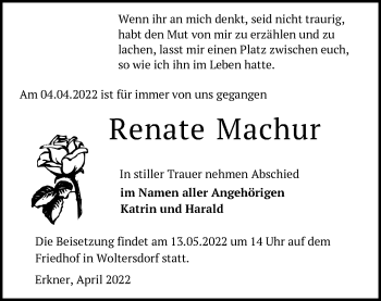 Traueranzeige von Renate Machur von Märkische Oderzeitung