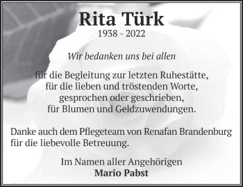 Traueranzeige von Rita Türk von Märkische Oderzeitung