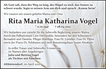 Traueranzeige von Rita Maria Katharina Vogel von Märkische Oderzeitung