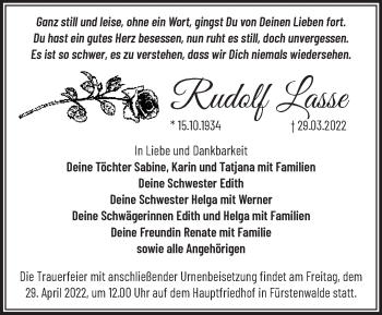 Traueranzeige von Rudolf Lasse von Märkische Oderzeitung