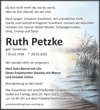 Traueranzeige von Ruth Petzke von Märkische Oderzeitung