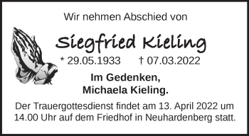 Traueranzeige von Siegfried Kieling von Märkische Oderzeitung