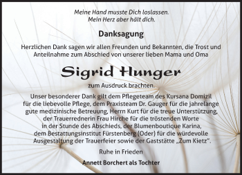 Traueranzeige von Sigrid Hunger von Märkische Oderzeitung
