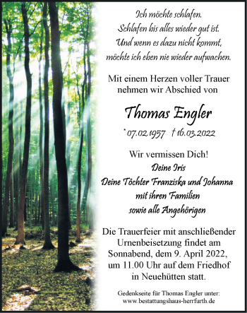 Traueranzeige von Thomas Engler von Märkische Oderzeitung