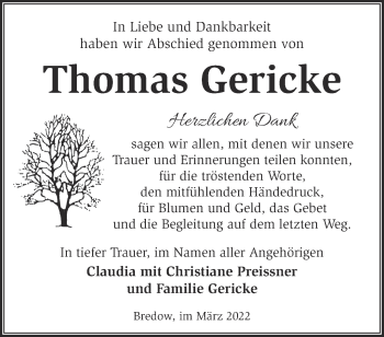 Traueranzeige von Thomas Gericke von Märkische Oderzeitung