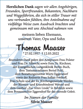 Traueranzeige von Thomas Maaser von Märkische Oderzeitung