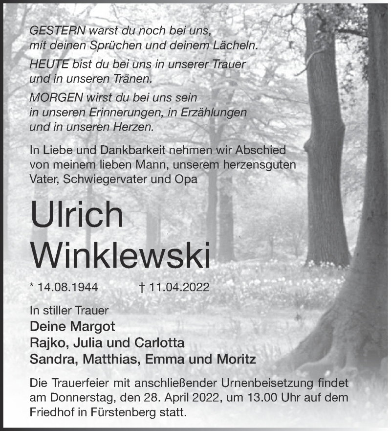  Traueranzeige für Ulrich Winklewski vom 16.04.2022 aus Märkische Oderzeitung