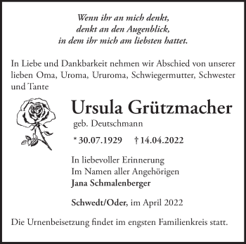 Traueranzeige von Ursula Grützmacher von Märkische Oderzeitung