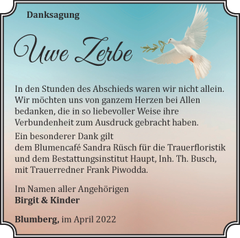 Traueranzeige von Uwe Zerbe von Märkische Oderzeitung