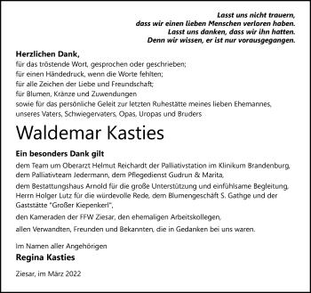 Traueranzeige von Waldemar Kasties von Märkische Oderzeitung