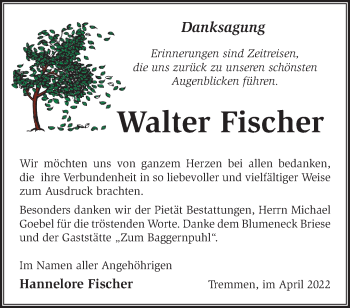 Traueranzeige von Walter Fischer von Märkische Oderzeitung