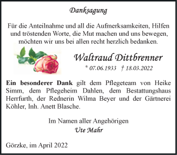 Traueranzeige von Waltraud Dittbrenner von Märkische Oderzeitung