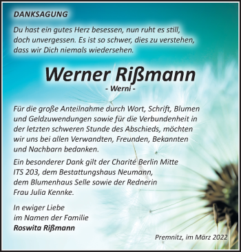 Traueranzeige von Werner Rißmann von Märkische Oderzeitung