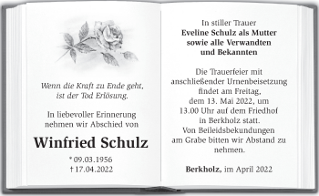 Traueranzeige von Winfried Schulz von Märkische Oderzeitung